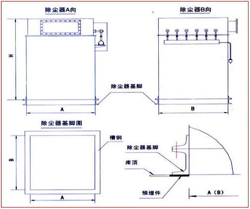 MC系列脈沖倉頂除塵器外形尺寸圖 MC系列脈沖倉頂除塵器外形尺寸圖